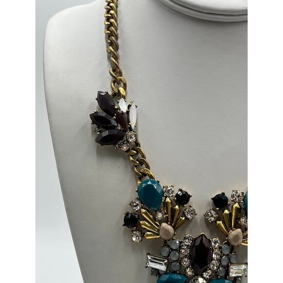 J. Crew Vintage Art Deco Blue Brown Rhinestone Stacked Statement Necklace - Picture 2 of 10